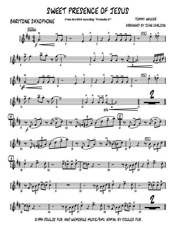Sweet Presence Of Jesus (Instrumental) Bari Sax (John Carlson)