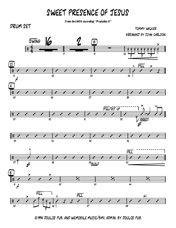 Sweet Presence Of Jesus (Instrumental) Drum Set (John Carlson)