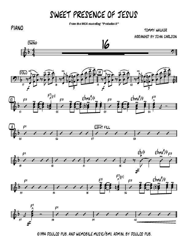 Sweet Presence Of Jesus (Instrumental) Piano Sheet (John Carlson)