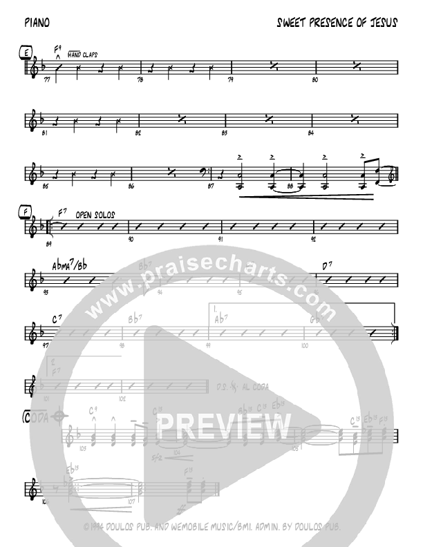 Sweet Presence Of Jesus (Instrumental) Piano Sheet (John Carlson)