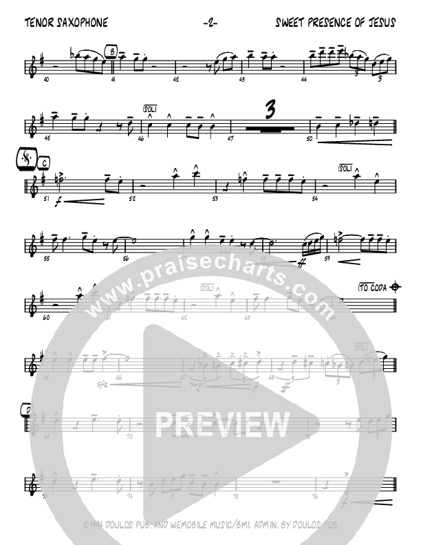 Sweet Presence Of Jesus (Instrumental) Tenor Sax 2 (John Carlson)