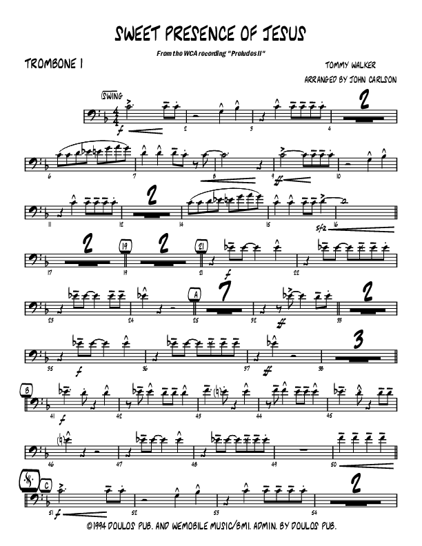 Sweet Presence Of Jesus (Instrumental) Trombone 1 (John Carlson)