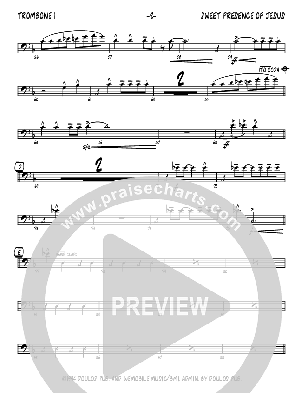 Sweet Presence Of Jesus (Instrumental) Trombone 1 (John Carlson)