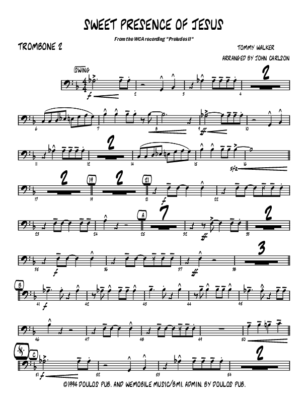 Sweet Presence Of Jesus (Instrumental) Trombone 2 (John Carlson)