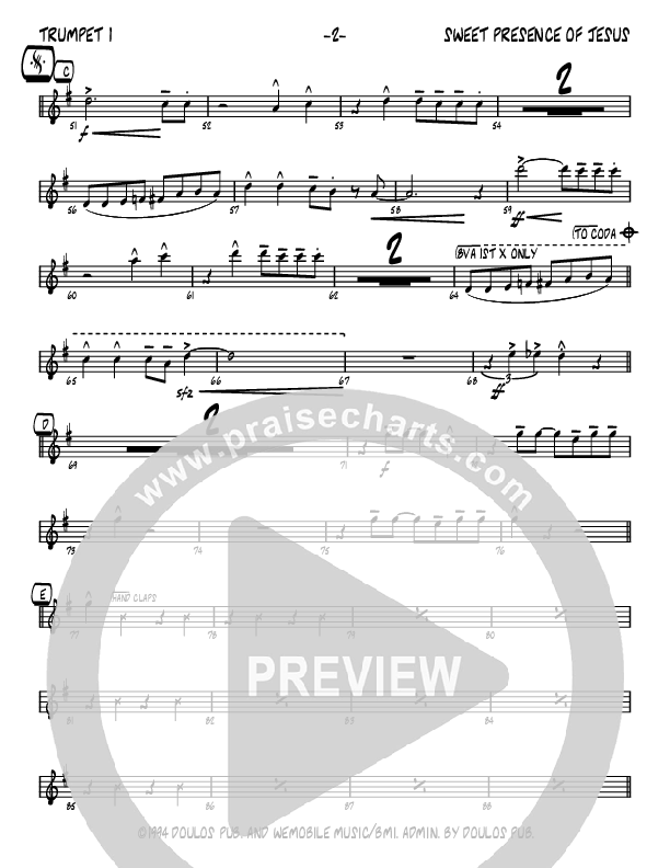 Sweet Presence Of Jesus (Instrumental) Trumpet 1 (John Carlson)