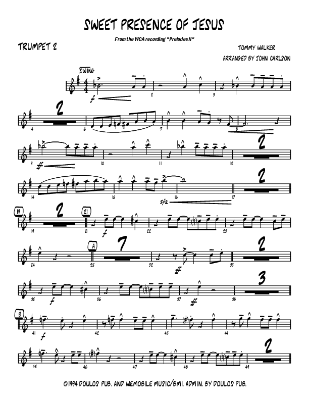 Sweet Presence Of Jesus (Instrumental) Trumpet 2 (John Carlson)