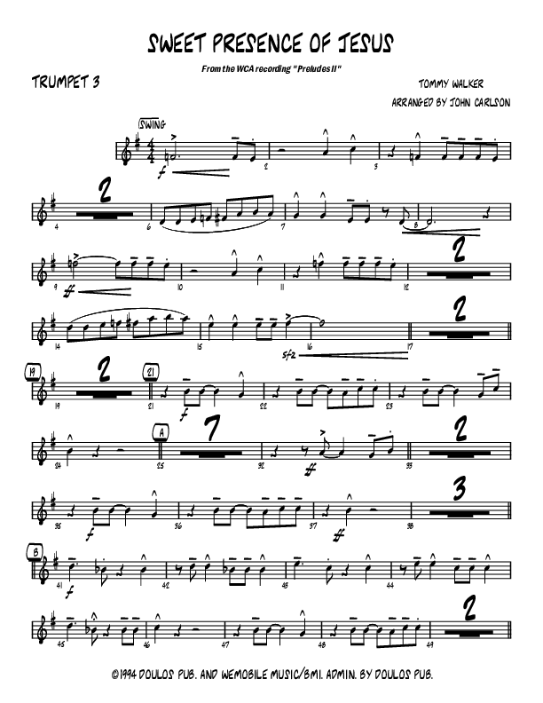 Sweet Presence Of Jesus (Instrumental) Trumpet 3 (John Carlson)