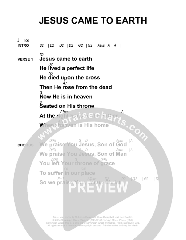 Jesus Came To Earth Chords & Lyrics (Sovereign Grace)