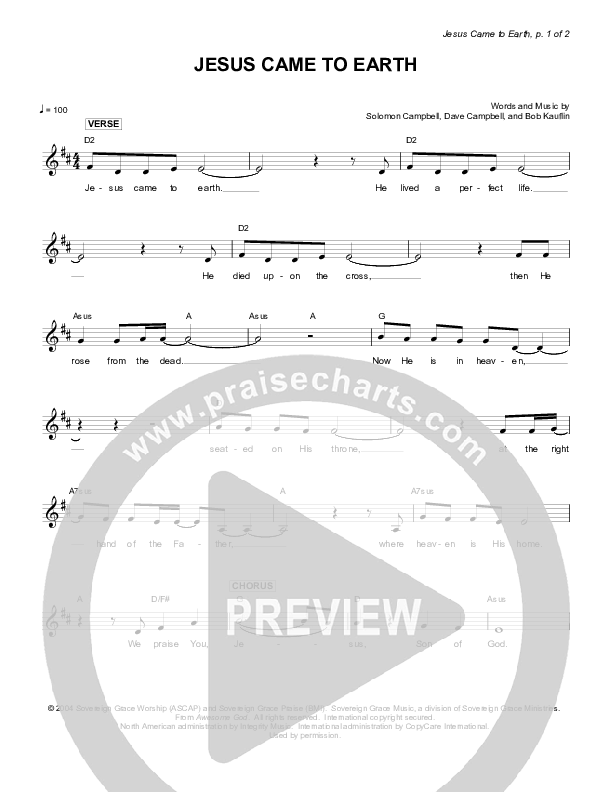 Jesus Came To Earth Lead Sheet (Sovereign Grace)