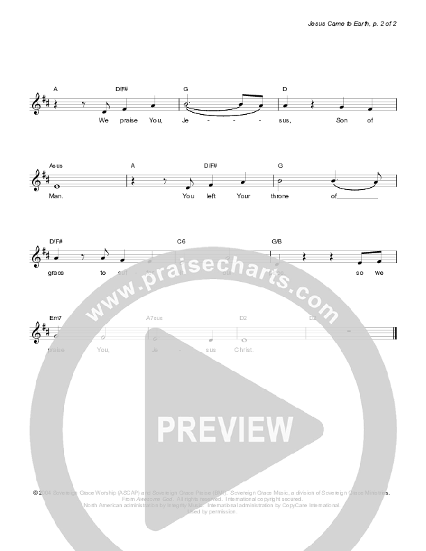 Jesus Came To Earth Lead Sheet (Sovereign Grace)
