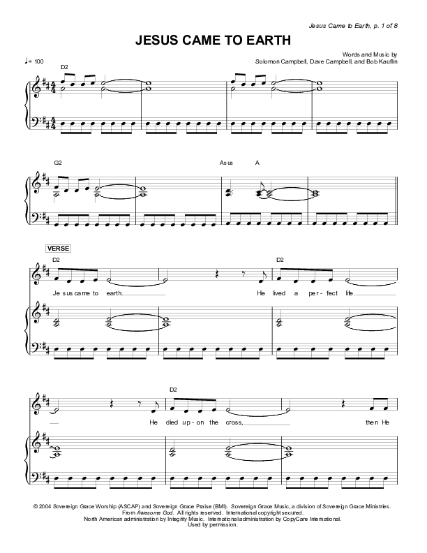 Jesus Came To Earth Lead & Piano (Sovereign Grace)