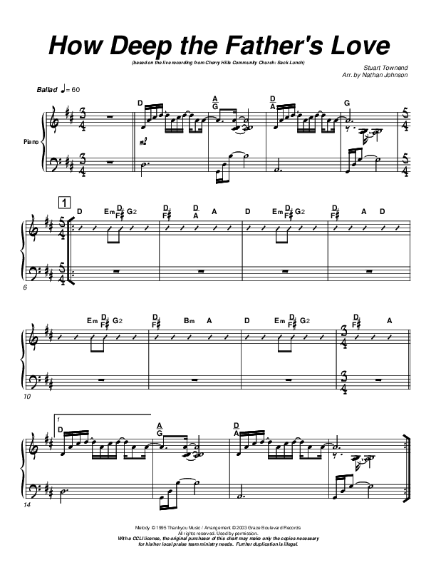 How Deep The Father's Love For Us Piano Sheet (Cherry Hills Community Church)