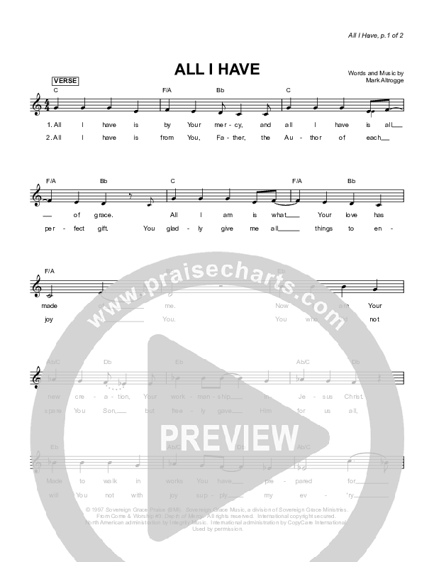 All I Have Lead Sheet (Sovereign Grace)