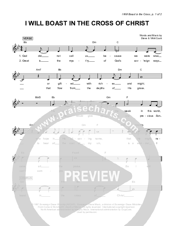 I Will Boast In The Cross Lead Sheet (Sovereign Grace)