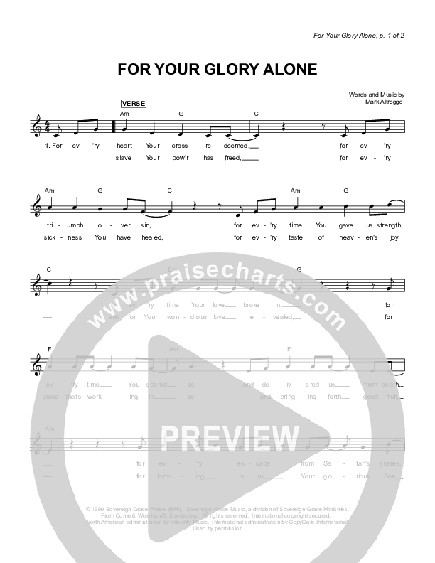 For Your Glory Alone Lead Sheet (Sovereign Grace)