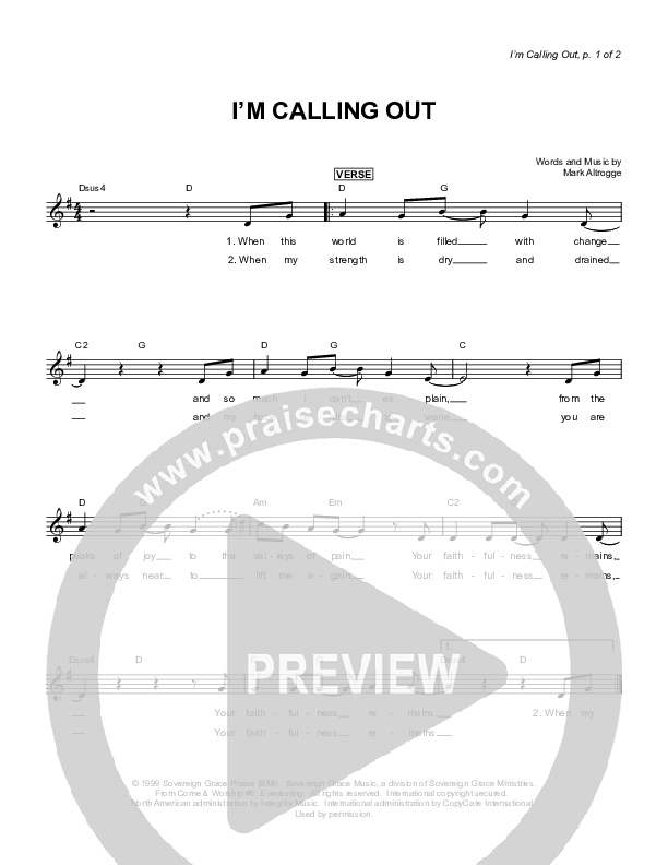 I'm Calling Out Lead Sheet (Sovereign Grace)