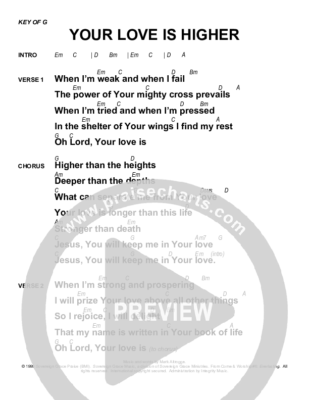 Your Love Is Higher Chords & Lyrics (Sovereign Grace)