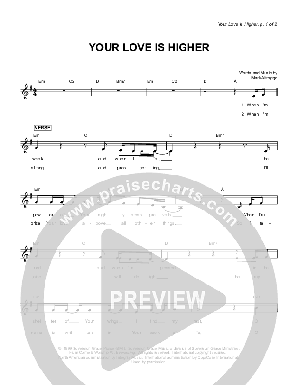 Your Love Is Higher Lead Sheet (Sovereign Grace)