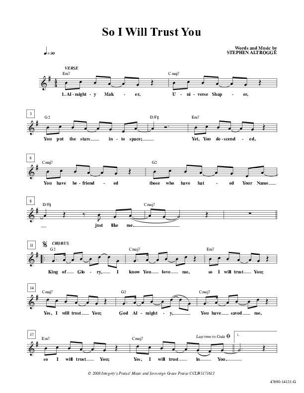 So I Will Trust In You Lead Sheet (Sovereign Grace)