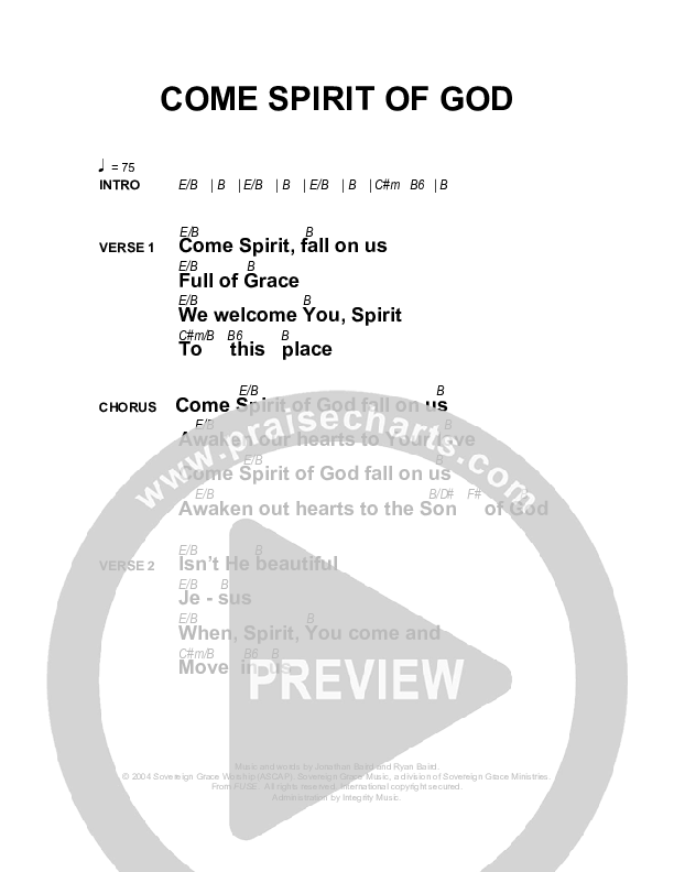 Come Spirit Of God Chords & Lyrics (Sovereign Grace)