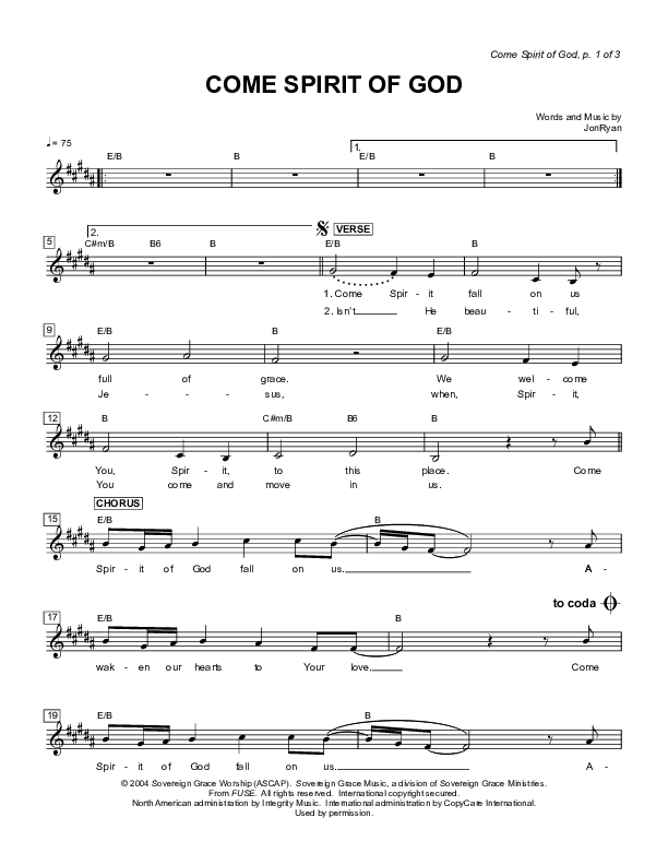 Come Spirit Of God Lead Sheet (Sovereign Grace)