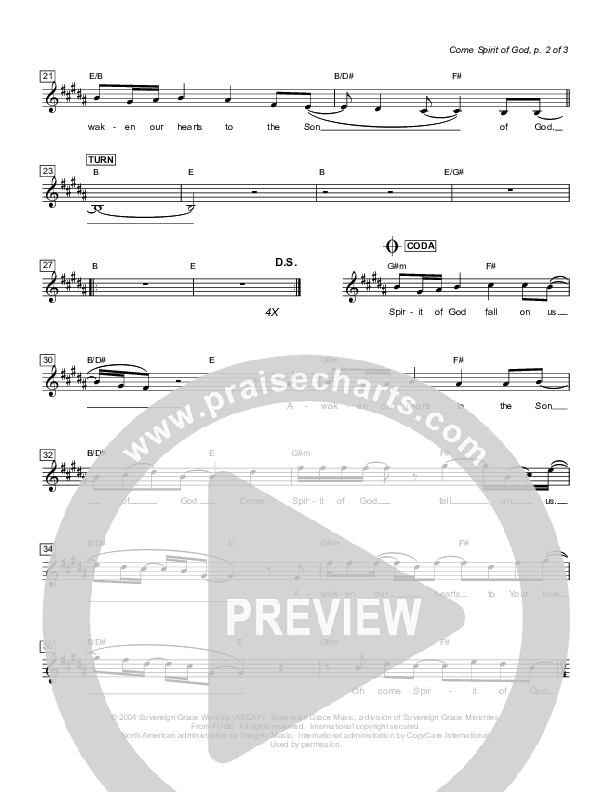 Come Spirit Of God Lead Sheet (Sovereign Grace)