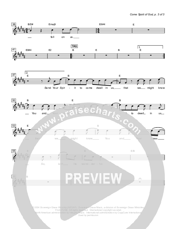 Come Spirit Of God Lead Sheet (Sovereign Grace)
