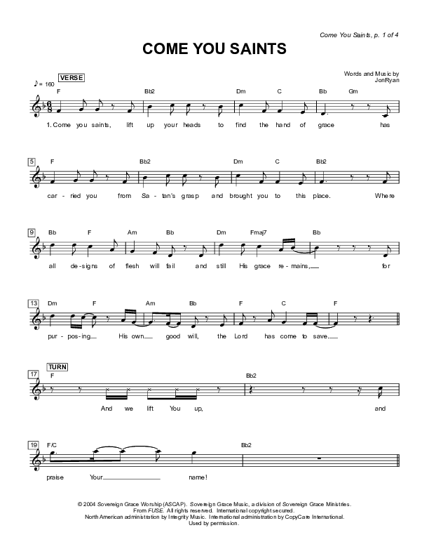 Come You Saints Lead Sheet (Sovereign Grace)
