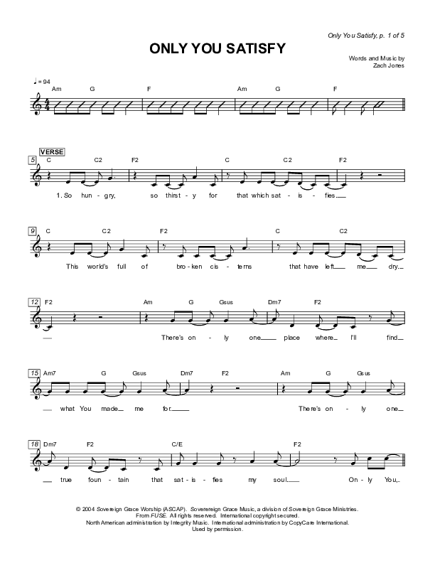 Only You Satisfy Lead Sheet (Sovereign Grace)