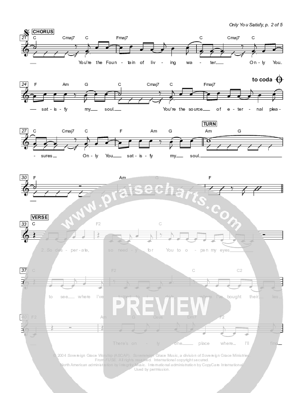 Only You Satisfy Lead Sheet (Sovereign Grace)