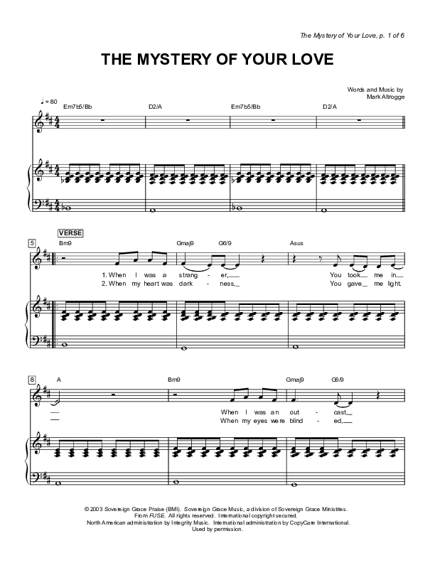 The Mystery Of Your Love Piano/Vocal (Sovereign Grace)