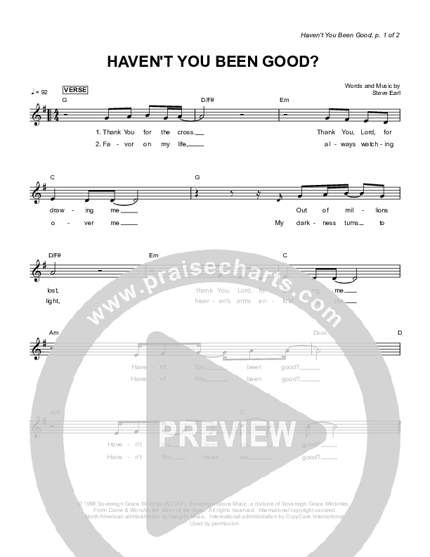 Haven't You Been Good Lead Sheet (Sovereign Grace)
