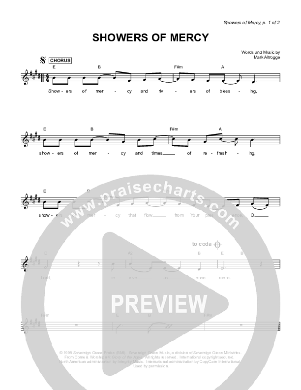 Showers Of Mercy Lead Sheet (Sovereign Grace)
