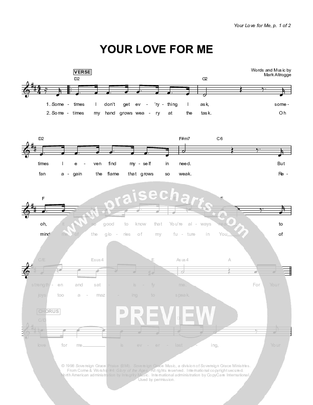 Your Love For Me Lead Sheet (Sovereign Grace)