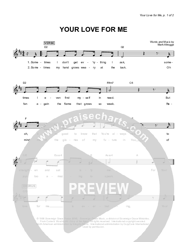 Your Love For Me Lead Sheet (Sovereign Grace)