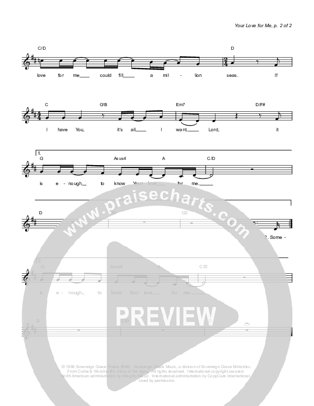 Your Love For Me Lead Sheet (Sovereign Grace)