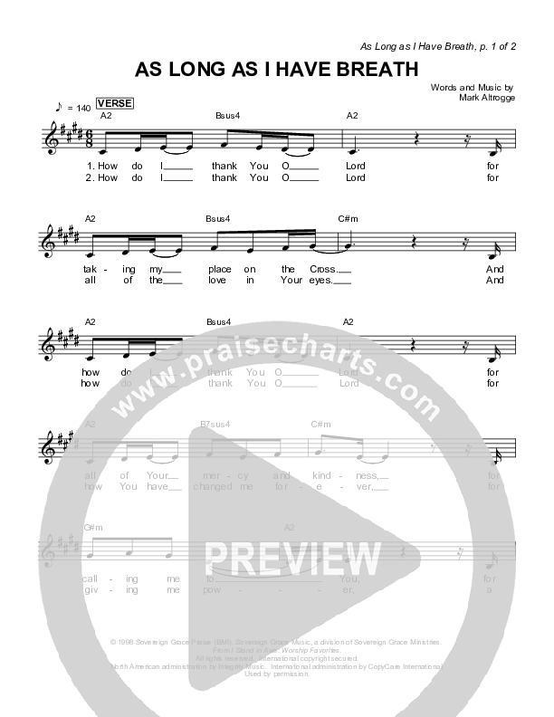 As Long As I Have Breath Lead Sheet (Sovereign Grace)