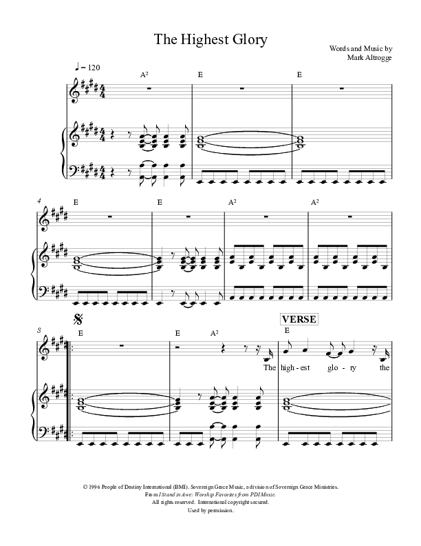 The Highest Glory Piano/Vocal (Sovereign Grace)