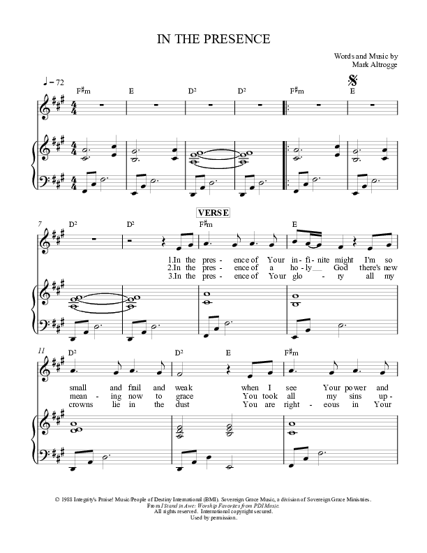 In The Presence Piano/Vocal (Sovereign Grace)