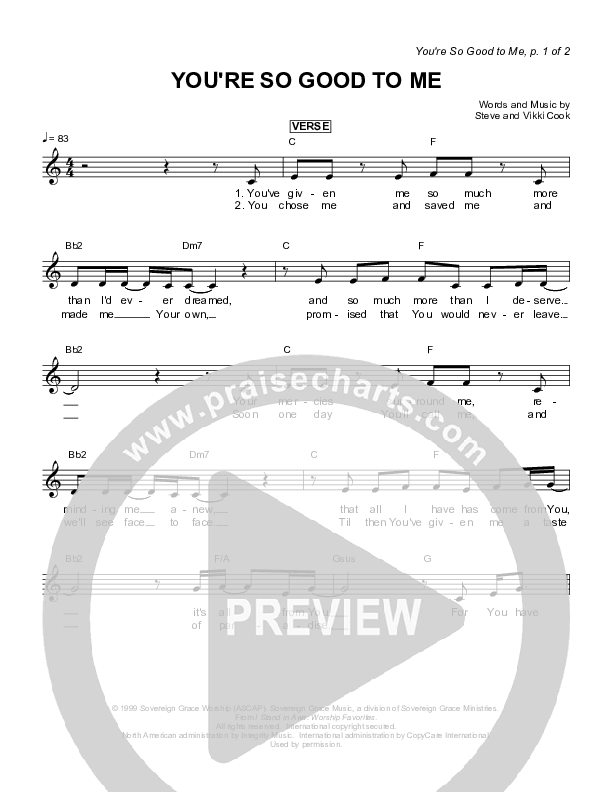 You're So Good To Me Lead Sheet (Sovereign Grace)