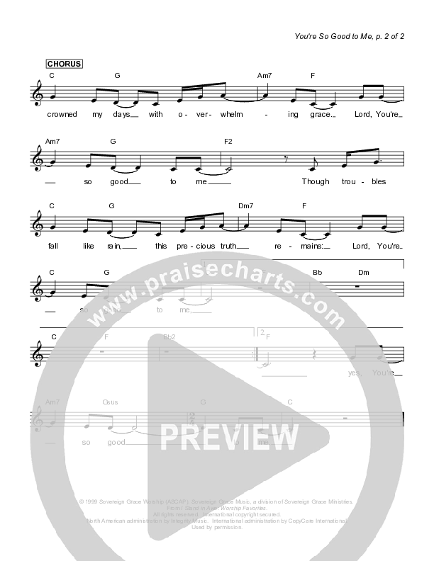 You're So Good To Me Lead Sheet (Sovereign Grace)