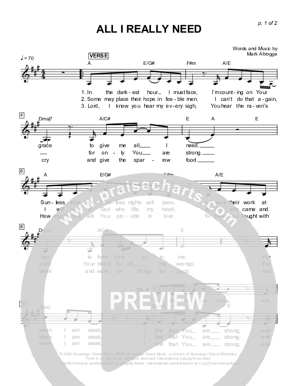 All I Really Need Lead Sheet (Sovereign Grace)