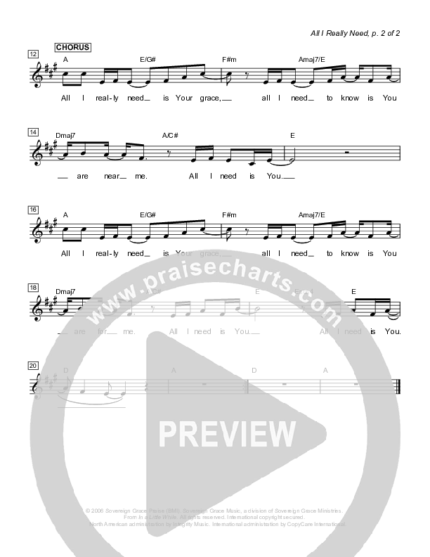 All I Really Need Lead Sheet (Sovereign Grace)