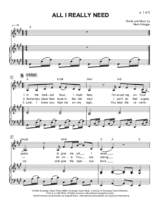 All I Really Need Piano/Vocal (Sovereign Grace)