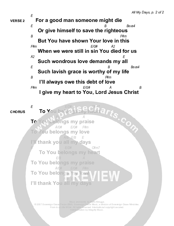 All My Days Chords & Lyrics (Sovereign Grace)