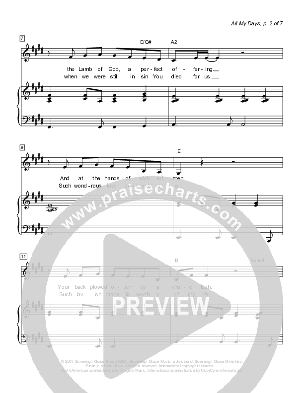 All My Days Piano/Vocal (Sovereign Grace)