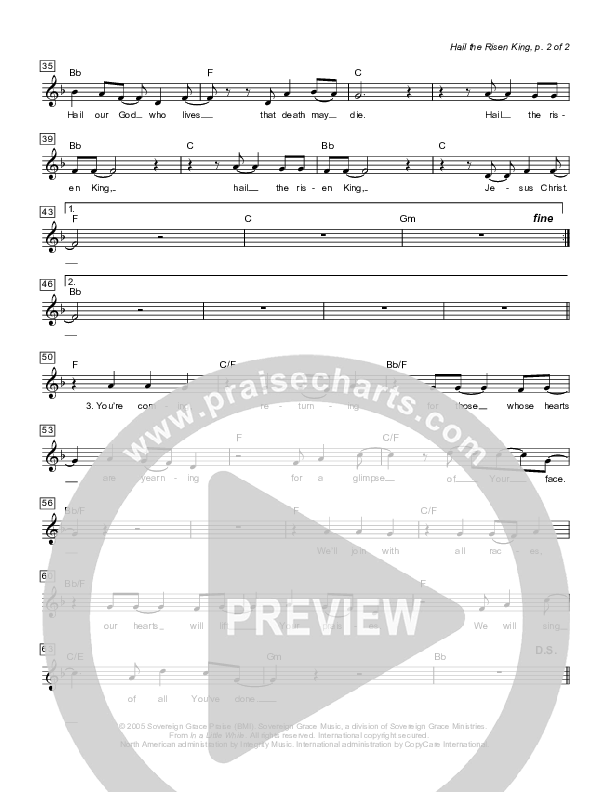 Hail The Risen King Lead Sheet (Sovereign Grace)
