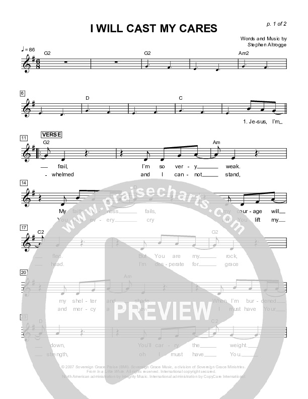 I Will Cast My Cares Lead Sheet (Sovereign Grace)