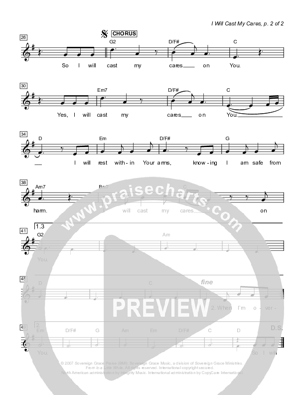 I Will Cast My Cares Lead Sheet (Sovereign Grace)
