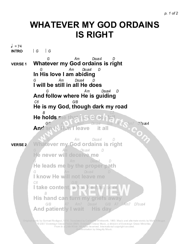 Whatever My God Ordains Is Right Chords & Lyrics (Sovereign Grace)